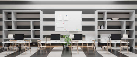 Modern office with computers mockup. Black screen. 3d illustrationの写真素材
