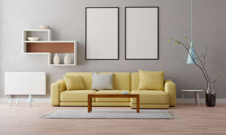 Two mock up posters with retro furniture, Nordic interior design, 3d illustration
