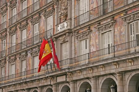 Detail of a decorated facade and balconies at the Palza Mayor, Madrid, Spainのeditorial素材