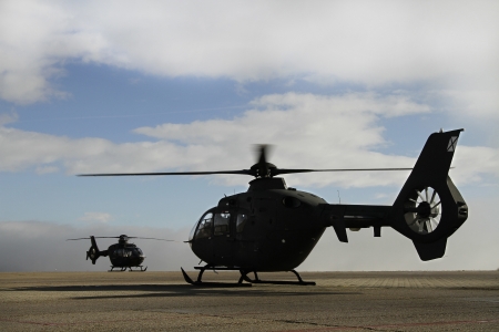 Silhouette of two military helicopterのeditorial素材