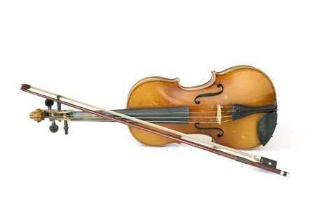 Beautiful old violin on a white backgroundの写真素材