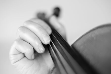 Detail of violin being played by a musician in black and whiteの写真素材