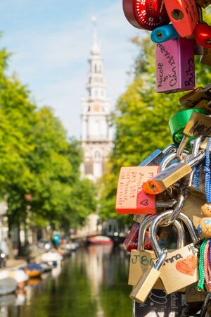 Love lock on a bridge in Amsterdamのeditorial素材