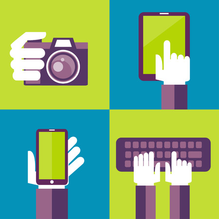 Vector set of flat icons - mobile phone, laptop, digital camera, tablet pcのイラスト素材