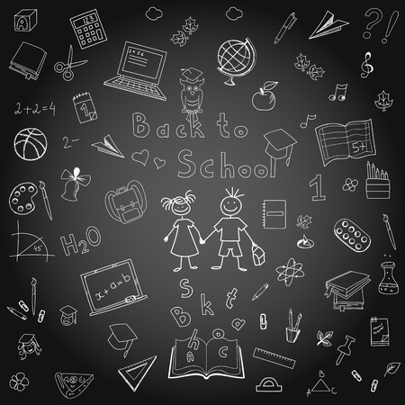 Freehand drawing school items on the board  Back to School  Vector illustration  Setのイラスト素材