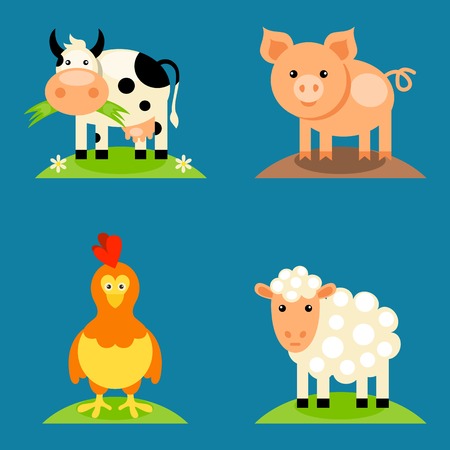 Farm animals set in flat vector style with a chicken, pig, sheep, dairy cow.のイラスト素材