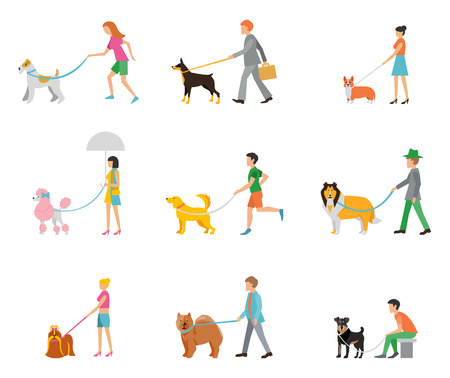 People walk their dogs on a leash.のイラスト素材