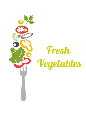 Fresh mixed vegetables on fork.   design vector template.   concept icon. Chopped vegetables tomatoes, broccoli, lettuce, onion, cucumber, peppers, skewered on a fork.のイラスト素材