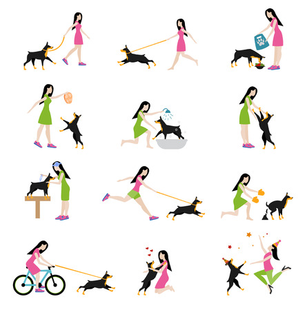 Professional dog walking. Caring for a dog doberman, washing the dog, clean up the excrements, feeding, playing and walking, cycling with a dog. Girl to train and care for a dog. Flat style.のイラスト素材