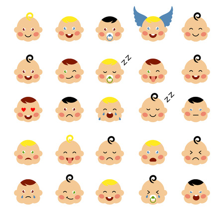 Set of cute baby emoticons. Cute baby faces showing different emotions. Vector icons on a white background. Modern flat vector style.のイラスト素材