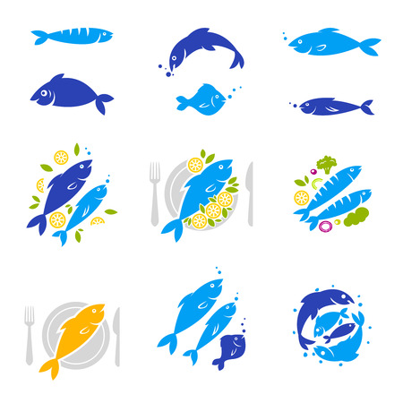 Set of vintage and modern seafood icon restaurant labels. Fish Icons.のイラスト素材