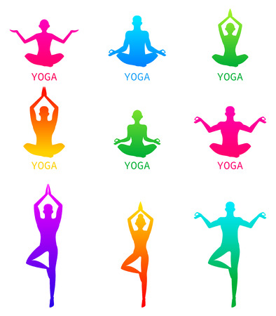 icons of woman silhouettes in yoga poses.のイラスト素材