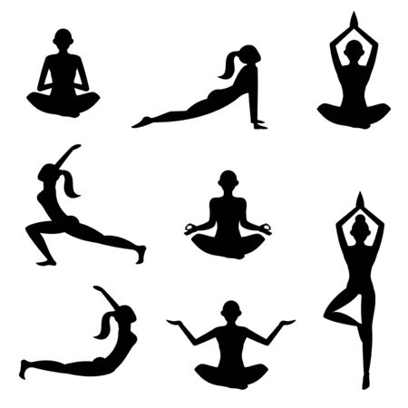 Yoga poses woman silhouettes on white background illustration.のイラスト素材