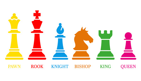 Set of named chess piece icons colored silhouettes on white showing the king queen rook bishop knight and pawn.のイラスト素材