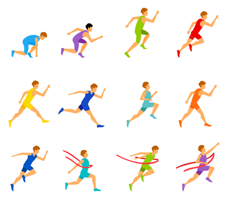 Athletic attractive run man people jogging in summer sport shorts enjoying runner exercising their healthy lifestyle. Multiethnic run man. Young couple group running marathon run man sprinting .のイラスト素材