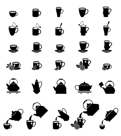A large set of icons of teapots and cups for coffee and tea. illustration isolated on white background.のイラスト素材
