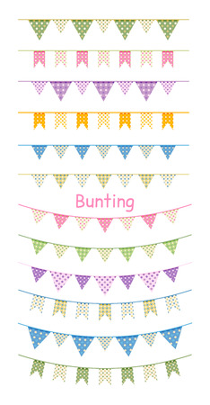 Colorful bunting and garland set isolated on white. Design elements for decoration of greetings cards, invitations.のイラスト素材