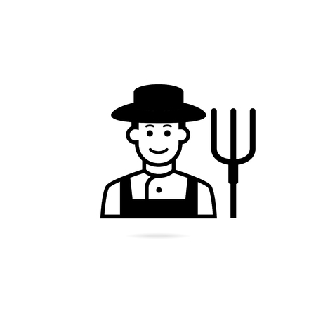Farmer with pitchfork in hand. Vector icon isolated on white background.のイラスト素材