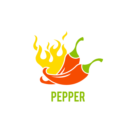 Pepper on fire. Vector icon isolated against white background. Mexico icon of red hot chili pepper on fire flame for Mexican restaurant sign.のイラスト素材