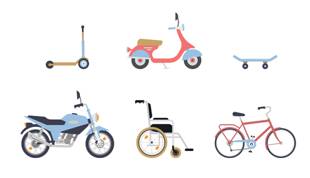 Skateboard and scooter. Bicycle and wheelchair. A set of vehicles. Modern types of means of street transportation in transport: scooter, sports bike, bicycle. Moto vehicles symbols flat vector.のイラスト素材