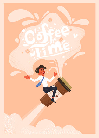 Office employee drinks coffee. Hand drawn conceptual illustration. Teamwork and shop poster. Time to drink coffeeのイラスト素材
