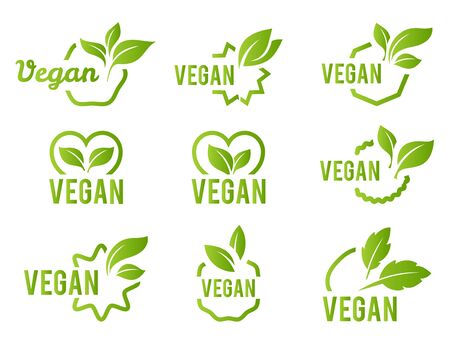 Vegan icon set. Bio, Ecology, Organic logos and badges, label, tag. Green leaf on white background. Vector illustrationのイラスト素材
