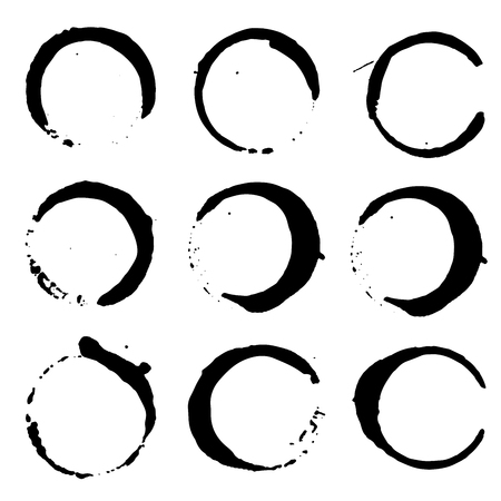 Set of wine or coffee stains. Set of black ink splashes and drops made with brush. Grunge paint circle vector element set. Brush smear stain texture. Grunge vector circles.のイラスト素材