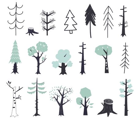 Vector set of children s drawings - cute forest and plants. Doodle style. Ideal for childs decoration. Flat green trees.のイラスト素材