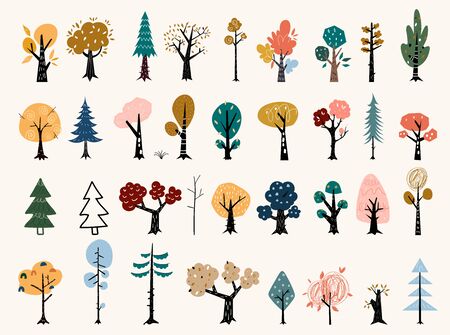 Set of trees in a flat style. Tree icons set in a modern flat style. Pine, spruce, oak, birch, trunk, aspen, alder, poplar, chestnut, apple tree.のイラスト素材