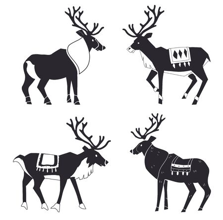 Reindeer Silhouettes. Scandinavian style. Merry Christmas and New year. Design element poster, banner, invitation, congratulations, postcards.のイラスト素材