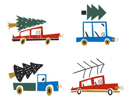 A car with a Christmas tree on the roof. Christmas truck.のイラスト素材