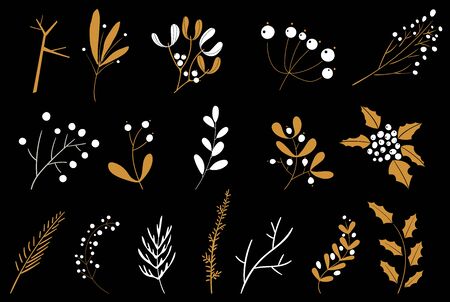 Collection of Vintage Merry Christmas And Happy New Year flowers. Design elements with briar, berries, fir branches, trees, mistletoe, cones. Christmas decoration for invitations, greeting cards.のイラスト素材