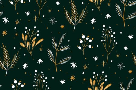 Christmas and Happy New Year seamless pattern. Hand drawn floral winter texture with christmas tree branches and berries.のイラスト素材