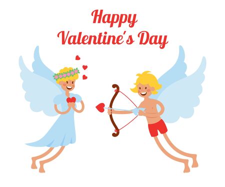 Valentine's Day cupid angel cartoon style vector illustration. A couple in love, boy arrow pierces the girl. Cute playful cupid angel Valentine Day greeting card vector.のイラスト素材