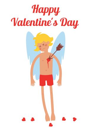 Valentine's Day cupid angel cartoon style vector illustration. Angel wounded by an arrow. Cupid angelisolated on white backgroundのイラスト素材