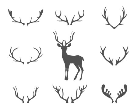 Black silhouettes of different deer horns, vectorのイラスト素材