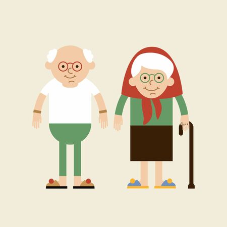 Bald old man in glasses and old woman with cane. Lovely old couple smiling each other. Vector illustration on white isolated background. Flat design, cartoon style.のイラスト素材