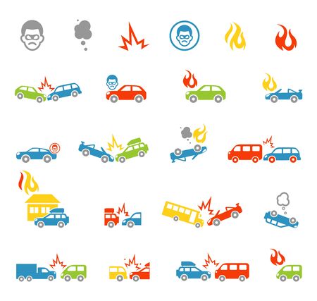 Car insurance icons template. Car crash collision traffic insurance and car crash safety automobile emergency disaster. Vector illustration isolated on white background.のイラスト素材