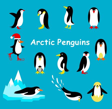 Collection of cartoon penguin isolated on a blue background.のイラスト素材