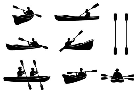 Kayaking silhouettes vector. Canoe trails and rafting club emblem with kayaking equipment elements.のイラスト素材