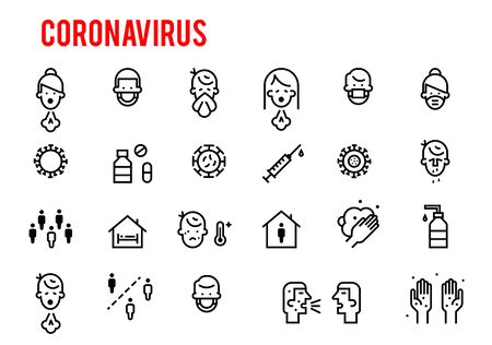 Simple Set of Coronavirus Protection Related Vector Line Icons. Contains such Icons as Protective Measures, Symptoms, Incubation Period. Novel Coronavirus 2019-nCoV. 2019 and 2020 epidemic.のイラスト素材