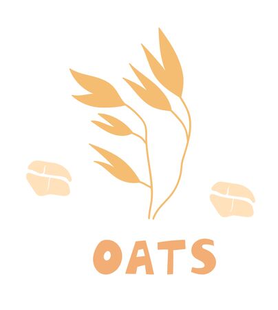 Oats set. Bag of oat flour, sack of grains, wooden scoop with cereals, golden ears of corn, oat milk and cookies. Oat flakes and bowl with oatmeal.A handful of oats seed. Template for banner, card.のイラスト素材