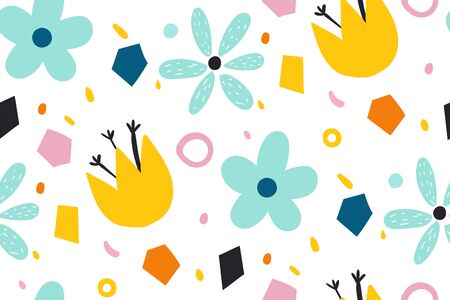 Cartoon background for Kids. Seamless pattern with decorative flowers in scandinavian style. Perfect for kids fabric, textile, nursery wallpaper. Flower texture isolated on white background.のイラスト素材