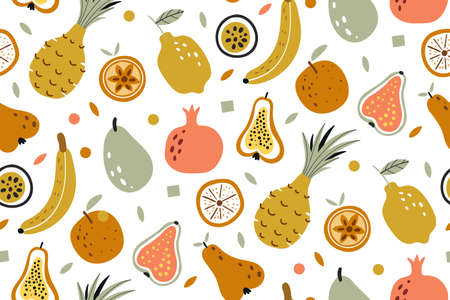 Tropical summer fruit seamless pattern. Vector repeat background for colorful summer fabric. Vector illustration for menu design, packaging, cooking book. Tropical organic fruit. Hand drawn fruits.のイラスト素材