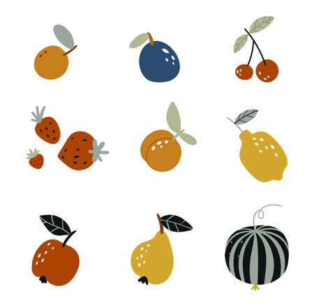 Set of garden fruits in a flat style on a white background. Autumn harvest. Doodle fruits. Hand drawn pear, peach, strawberry. Tropical organic fruit, delicious kitchen food.のイラスト素材