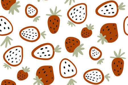 Red strawberry. Vector seamless pattern with strawberries isolated on white background. Hand drawn. Fruit background. Vector print for fabric and wallpaper. Berries on a white background.のイラスト素材