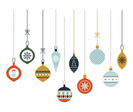 Hanging Christmas glass balls. Christmas decoration. Vector icons in a flat style. Set of graphic elements. Merry Christmas greeting card with modern baubles.のイラスト素材