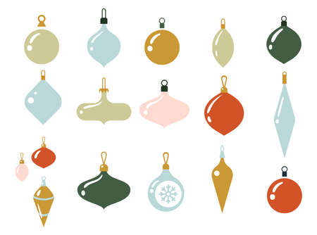 Glass multi-colored balls for the Christmas tree. Xmas glass ball on white background. Holiday decoration template. Vector illustration. Christmas decoration baubles. New year toys.のイラスト素材