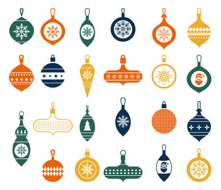 Christmas balls in a flat style on a white background. Modern hand drawn baubles. Vector illustration. Christmas Clip Art. Collection of beautiful baubles and decorations for Christmas tree.のイラスト素材