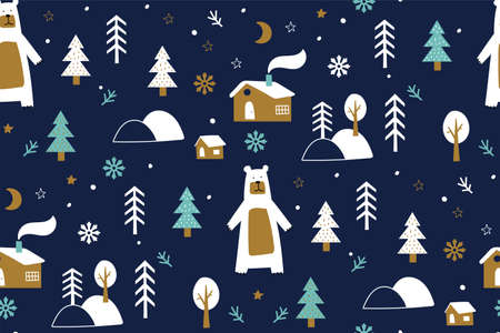 Seamless background with winter forest, bear, winter forest, snowflakes. Childish seamless pattern. Trendy scandinavian holiday vector background. Perfect for kids apparel,fabric, textile.のイラスト素材